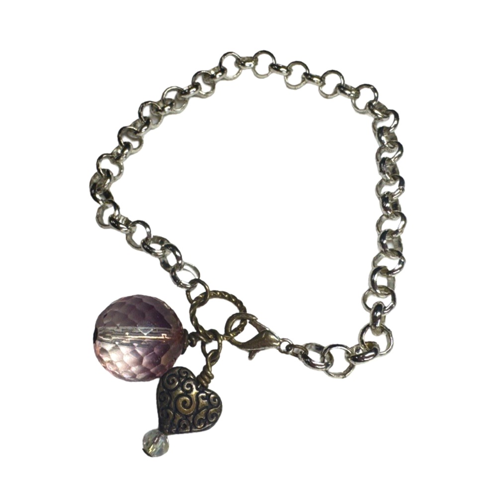 Bracelet – Silver Tone Charm Chain with Crystal Beads & Engraved Heart